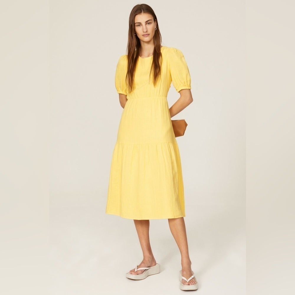 RTR Love Whit by Whitney Port Yellow Tie Back Puff Sleeve Midi Dress Size M